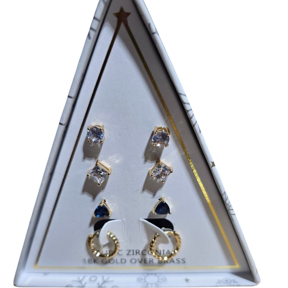 Cubic Zirconia Earrings 18K Gold Over Brass (Set of 4) NWT